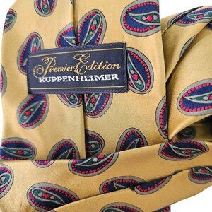 Kuppenheimer Premier Edition 90s Gold Silk Necktie Navy Blue Paisley 3.75"W x 58